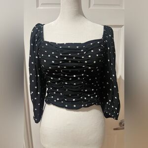 Zara Black White Polka Dot Ruched 3/4 Sleeve Top Blouse S